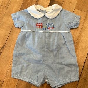 Vintage Newborn romper. Embroidered trains
